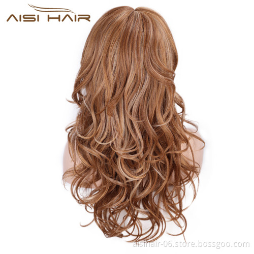 Aisi Hair Long Wavy Hair Brown with White Color Synthetic Wigs High Temperature Fiber Fashion Cosplay Wigs for Women
